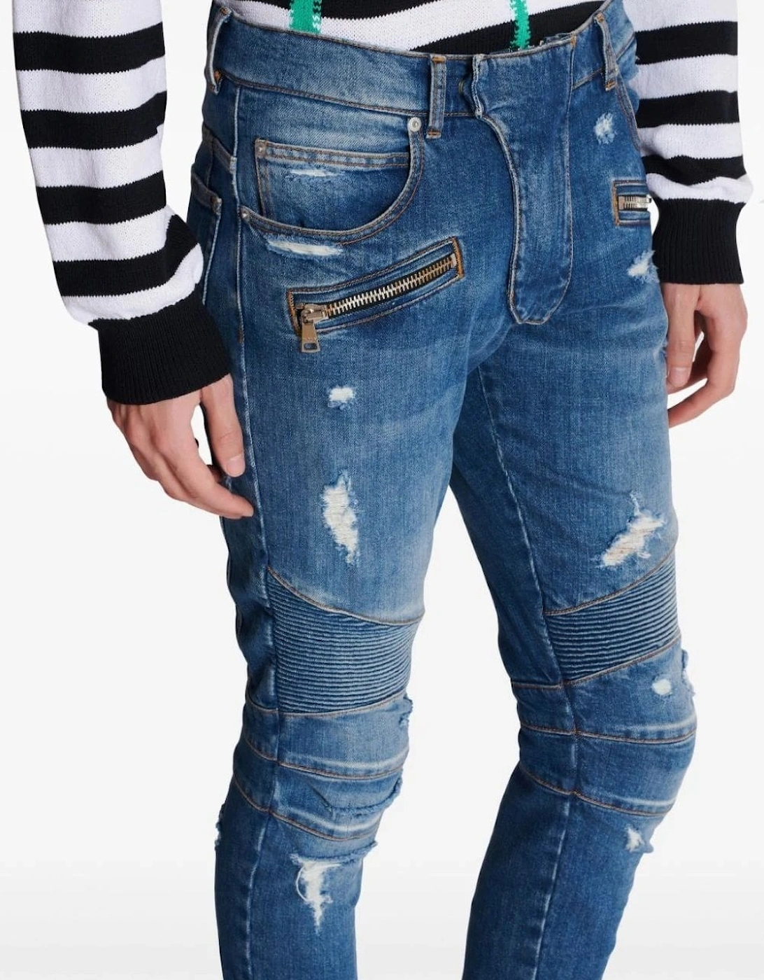 Vintage Wash Biker Denim Jeans Blue