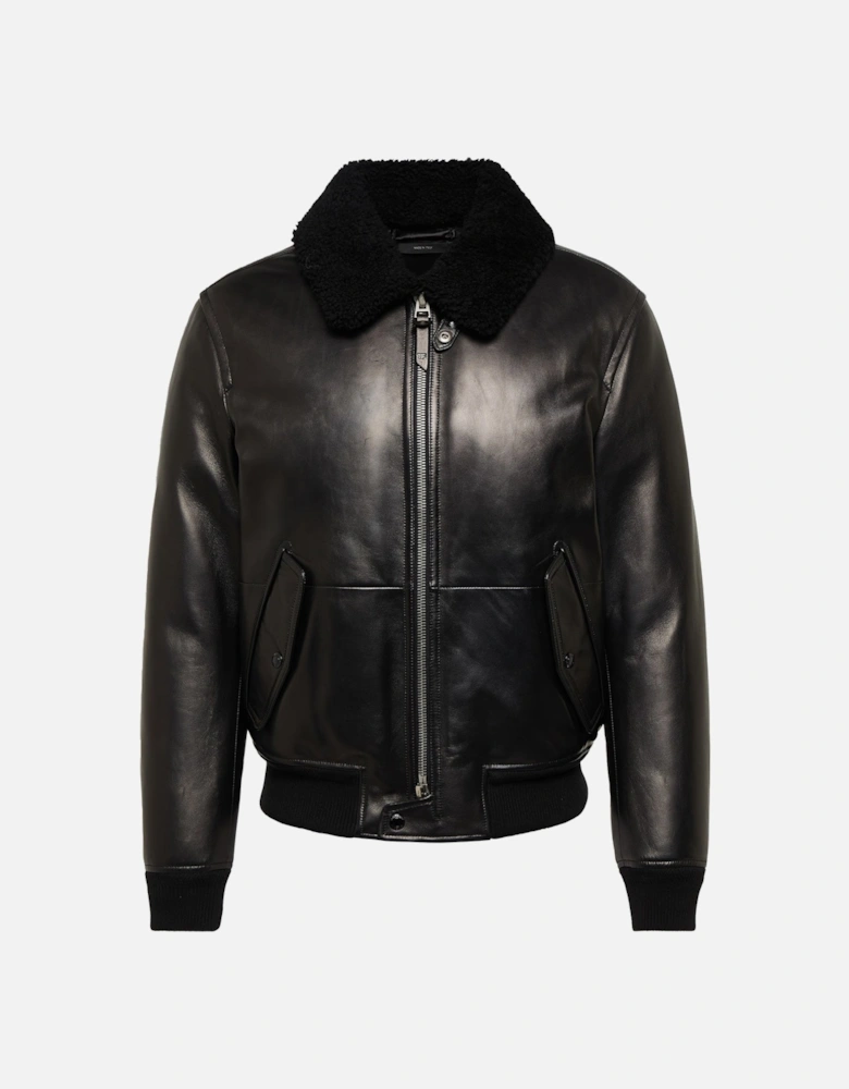 Nappa Grain Leather Shearling Trimmed Jacket Black