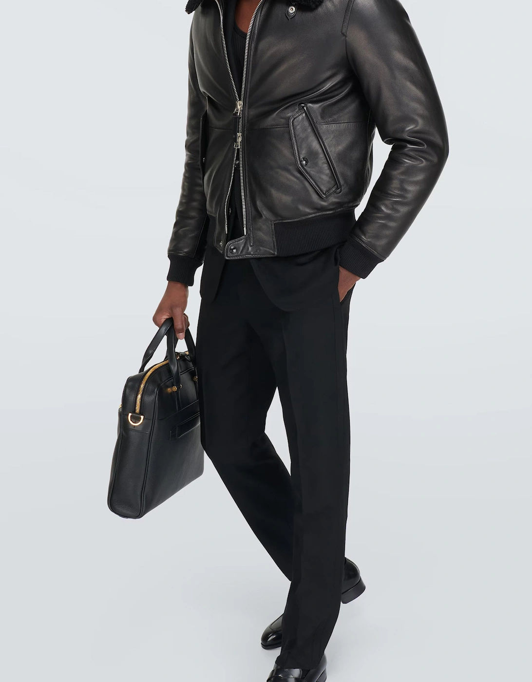 Nappa Grain Leather Shearling Trimmed Jacket Black