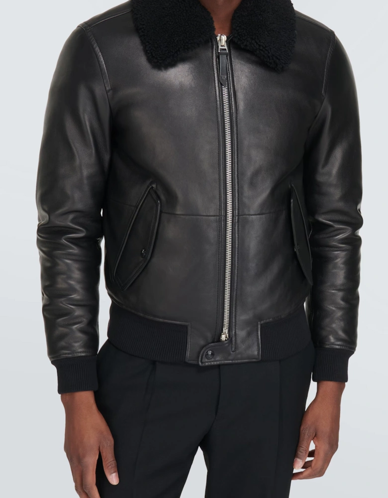 Nappa Grain Leather Shearling Trimmed Jacket Black