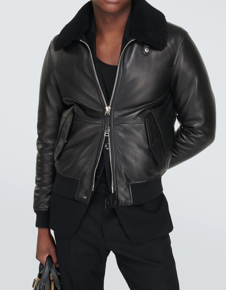 Nappa Grain Leather Shearling Trimmed Jacket Black