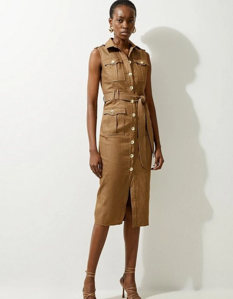 Tall Tailored Denim Cargo Pocket Belted Midi Shirt Dress