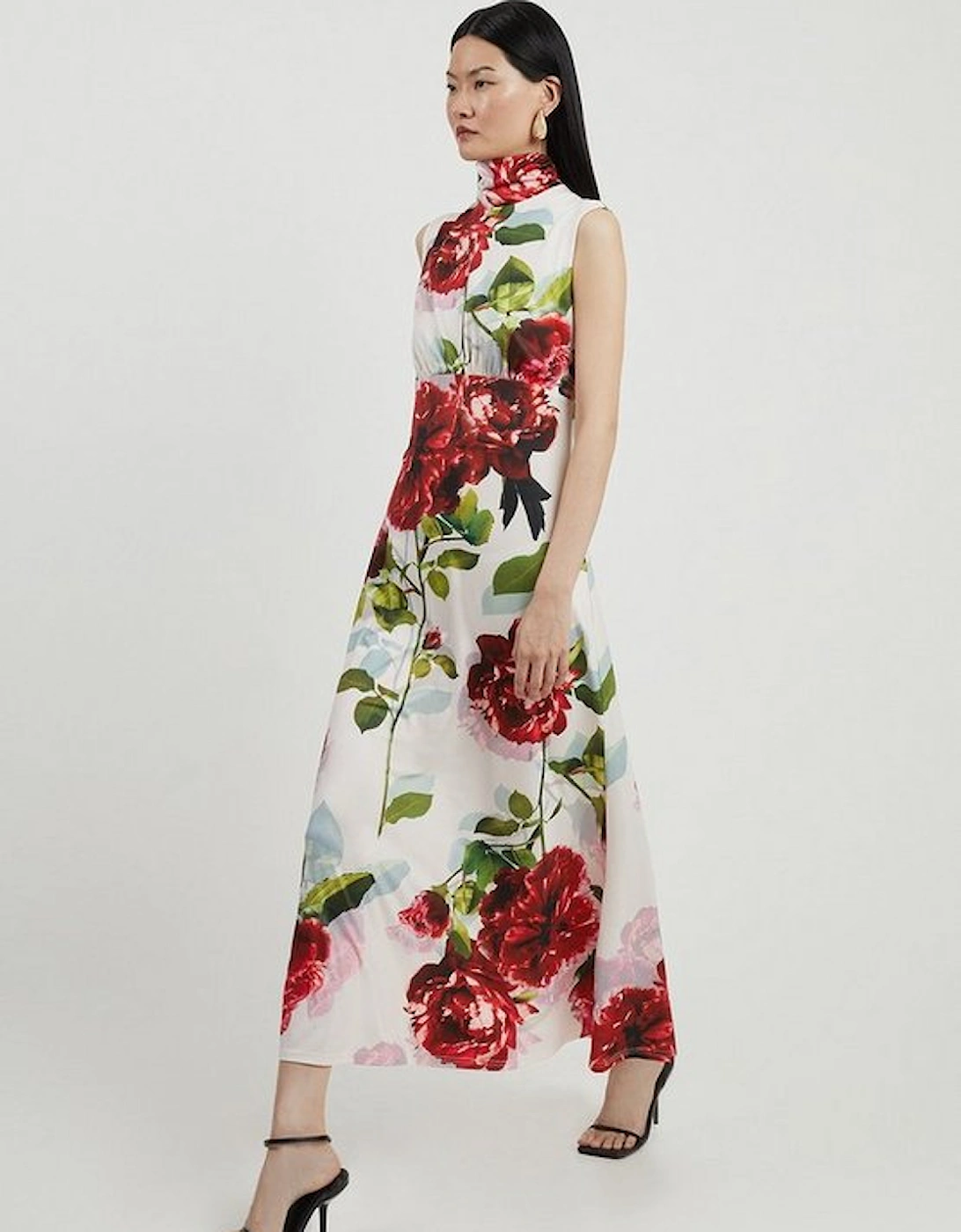 Rose Print High Neck Drapey Crepe Jersey Maxi Dress