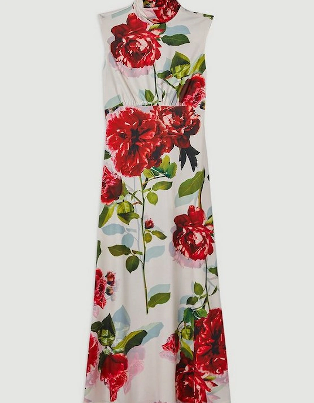 Rose Print High Neck Drapey Crepe Jersey Maxi Dress