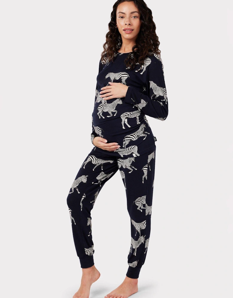 Maternity Navy Zebra Print Crewneck Long Pyjama Set