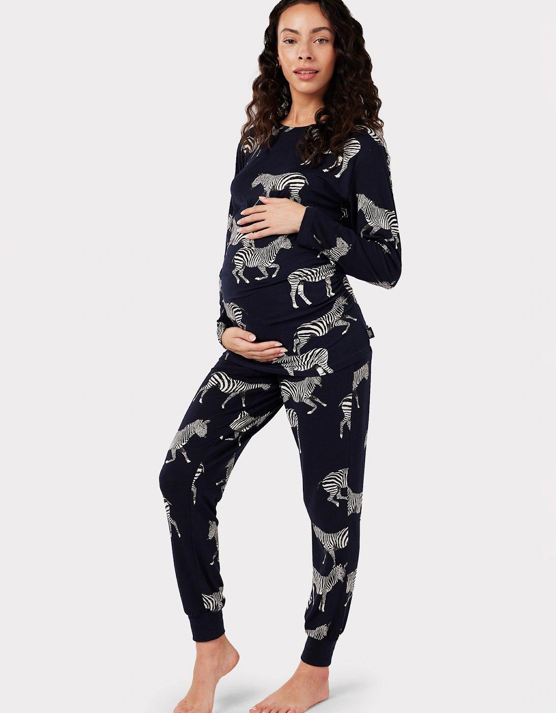 Maternity Navy Zebra Print Crewneck Long Pyjama Set, 2 of 1