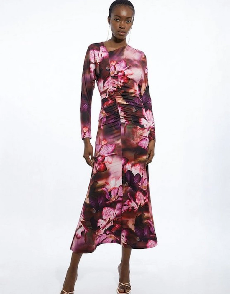 Photographic Floral Printed Asymmetric Jersey Crepe Maxi Dress