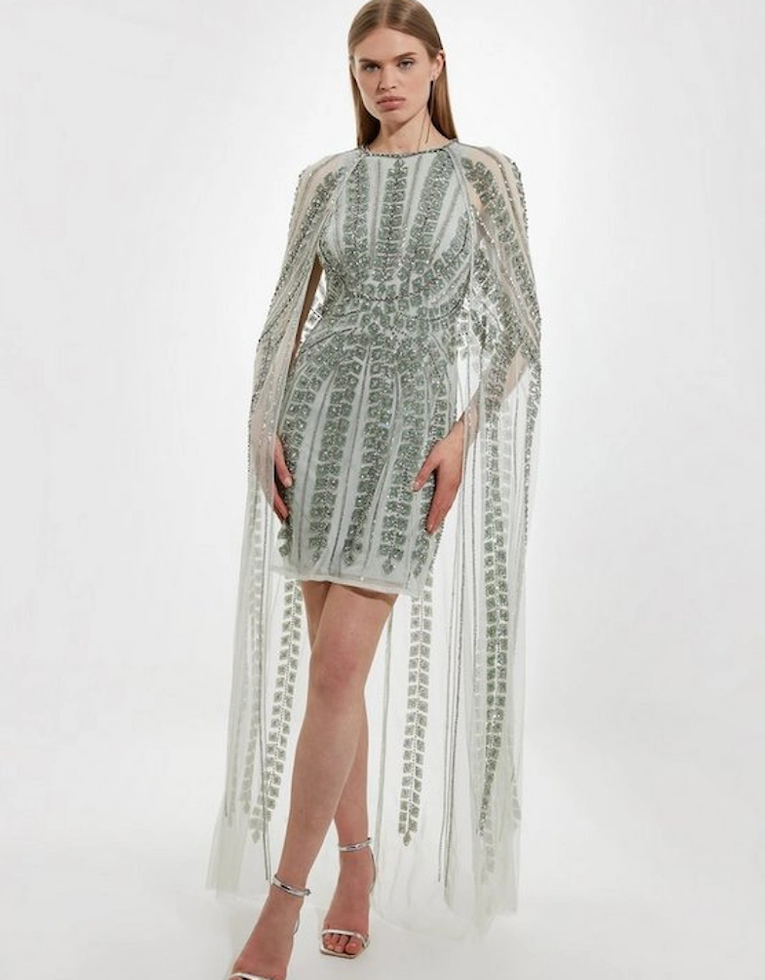 Petite Premium Embellished Cape Mini Dress, 4 of 3