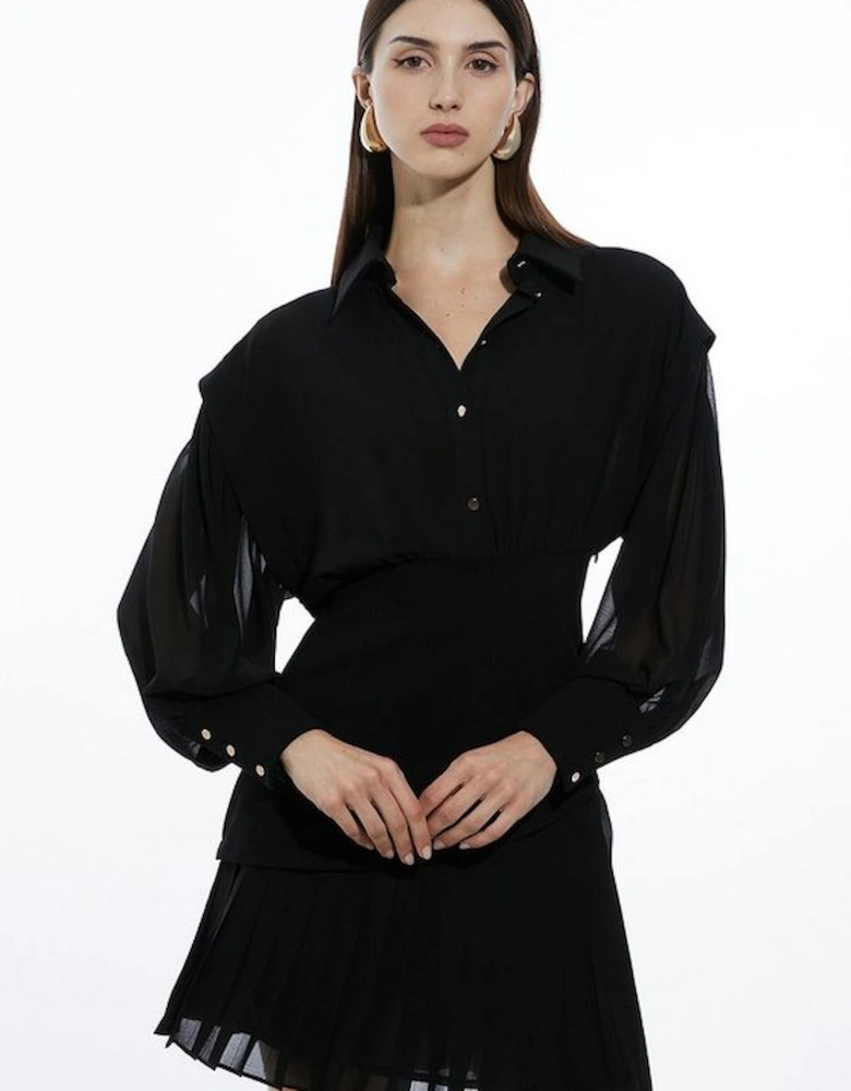 Jersey And Georgette Mix Pleated Mini Shirt Dress