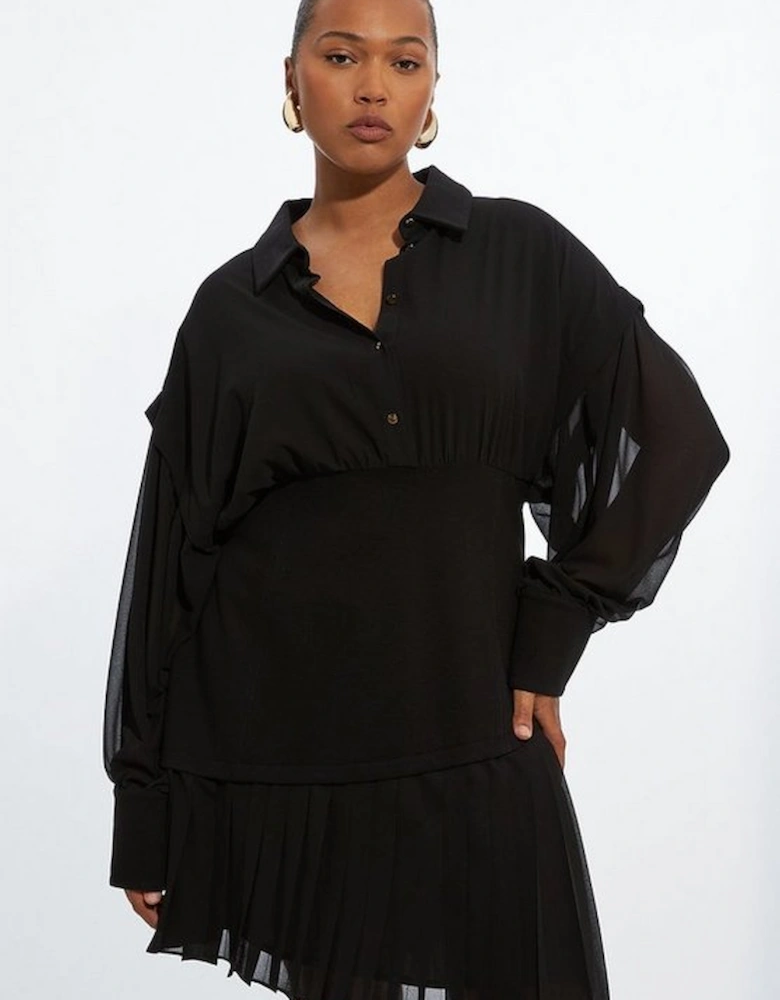 Plus Size Jersey And Georgette Mix Pleated Mini Shirt Dress