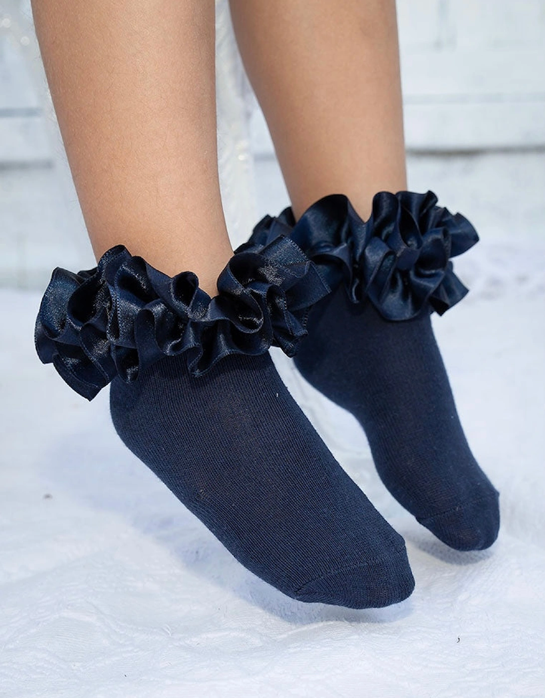 Navy Ribbon Frill Ankle Socks