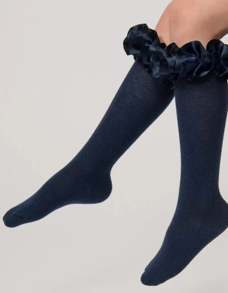 Navy Ribbon Frill Knee Socks