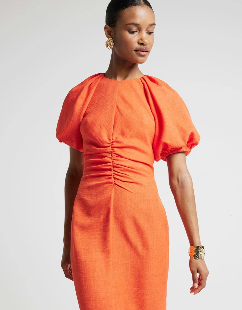 Puff Detail Ruched Midi Dress - Coral