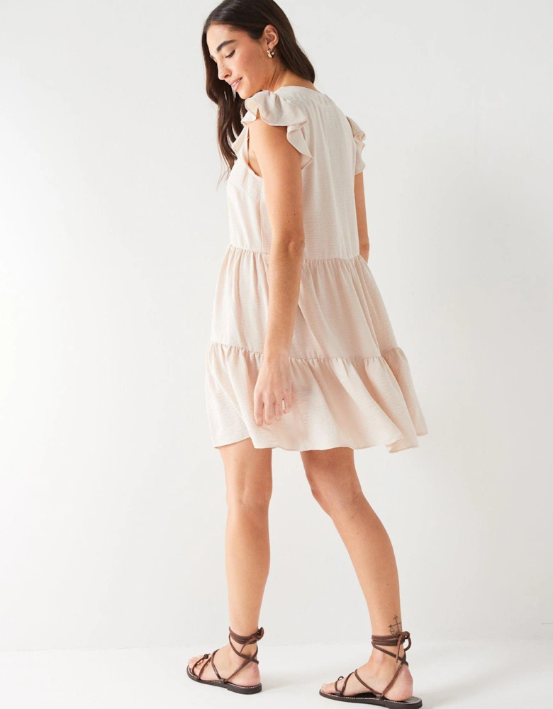 Frill Sleeve Button Through Mini Dress - Natural