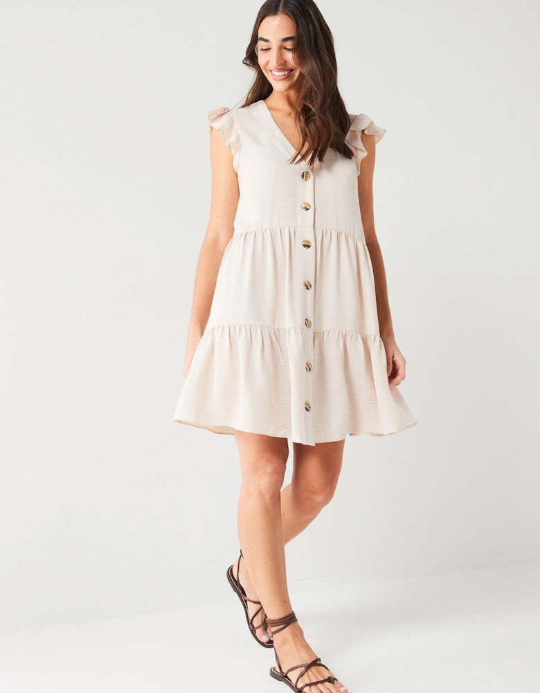 Frill Sleeve Button Through Mini Dress - Natural