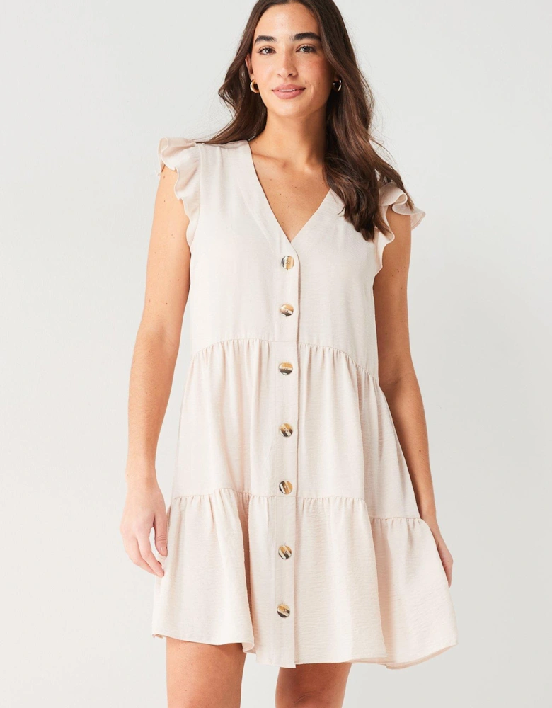 Frill Sleeve Button Through Mini Dress - Natural