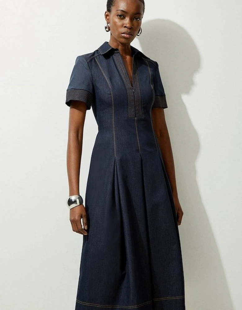 Tailored Denim Full Skirted Midi Shirt Dress