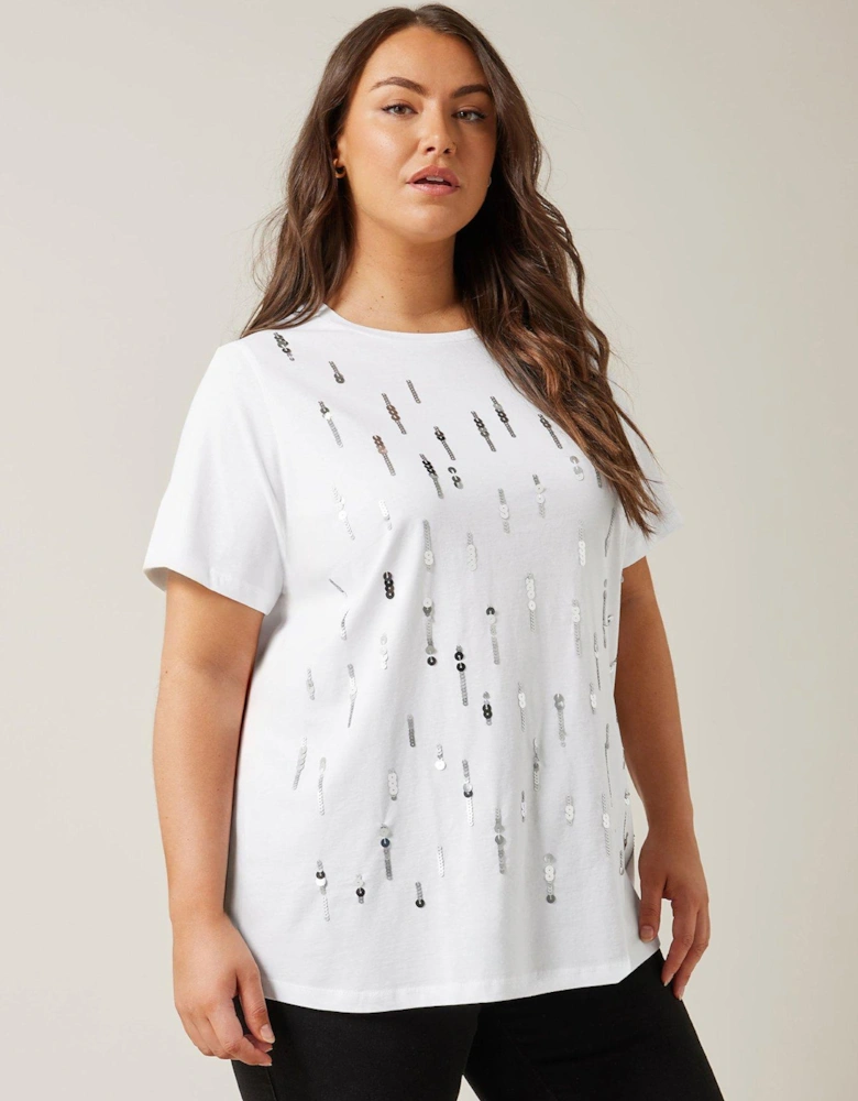 Short Sleeve Sequin Embellishment T-shirt - White