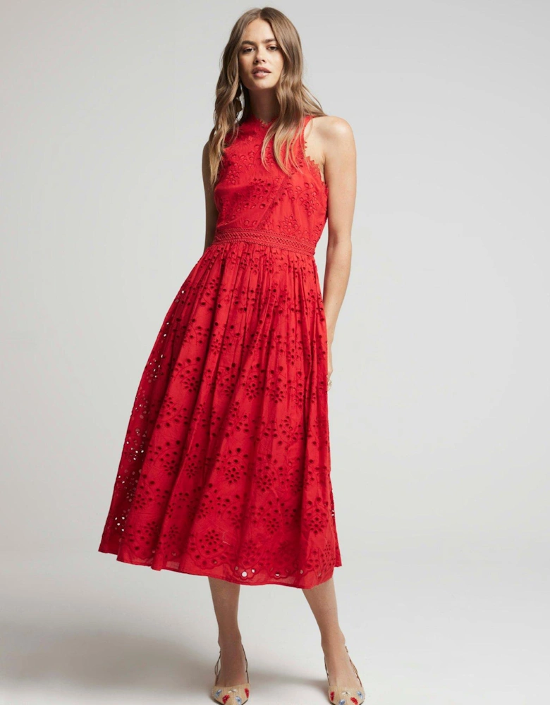 Broidery Detail Halterneck Dress - Red