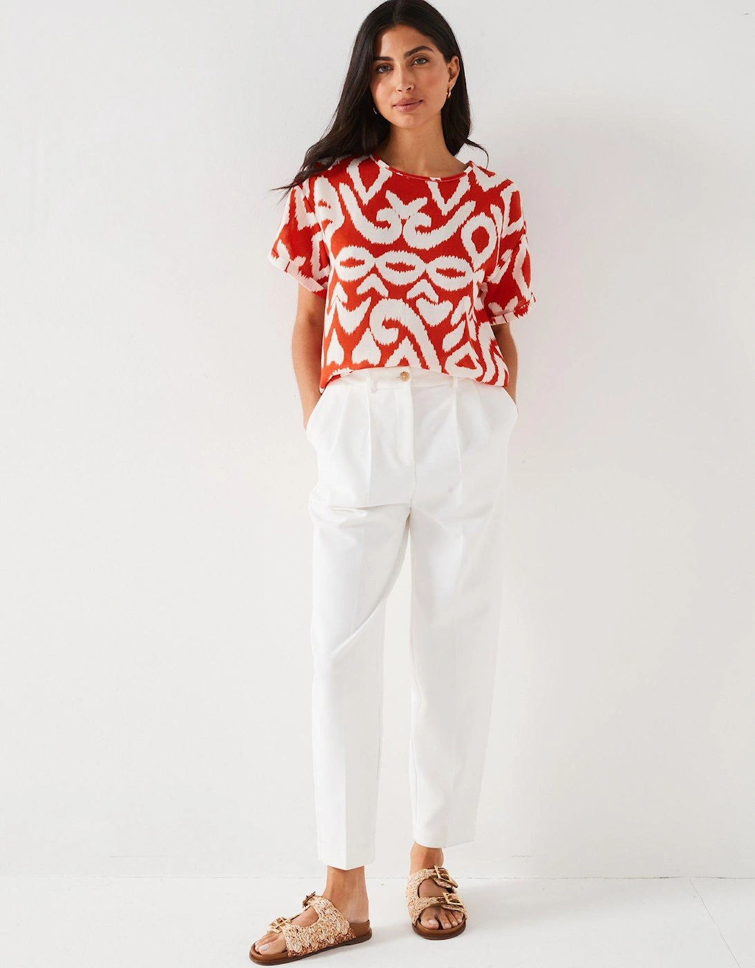 Crew Neck Printed Blouse - Red/White