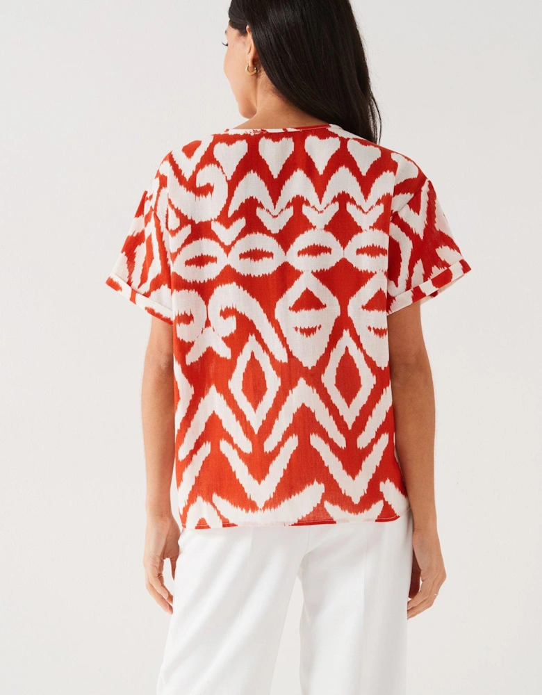 Crew Neck Printed Blouse - Red/White