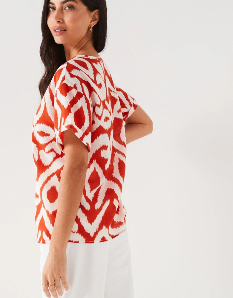 Crew Neck Printed Blouse - Red/White