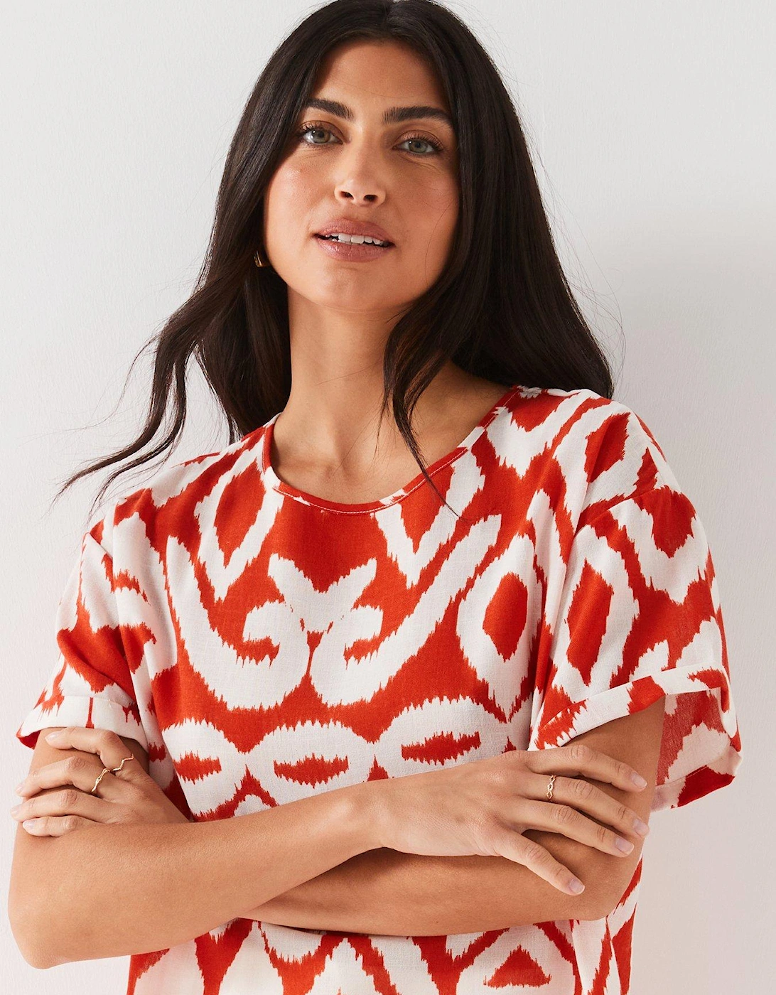 Crew Neck Printed Blouse - Red/White