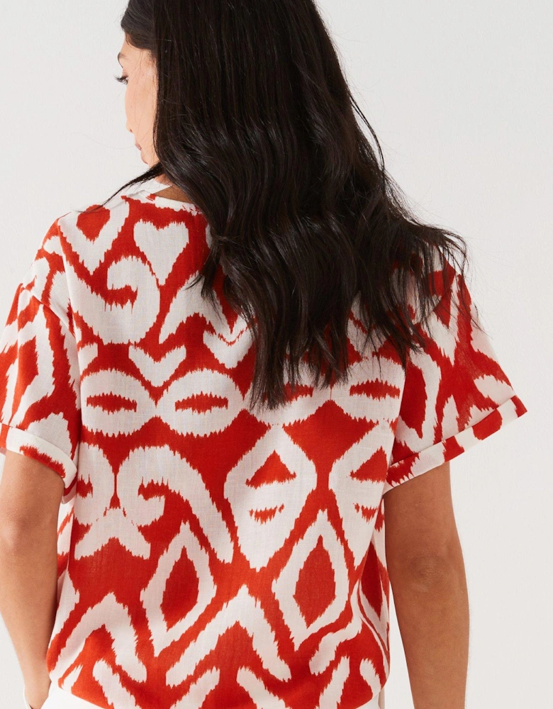 Crew Neck Printed Blouse - Red/White