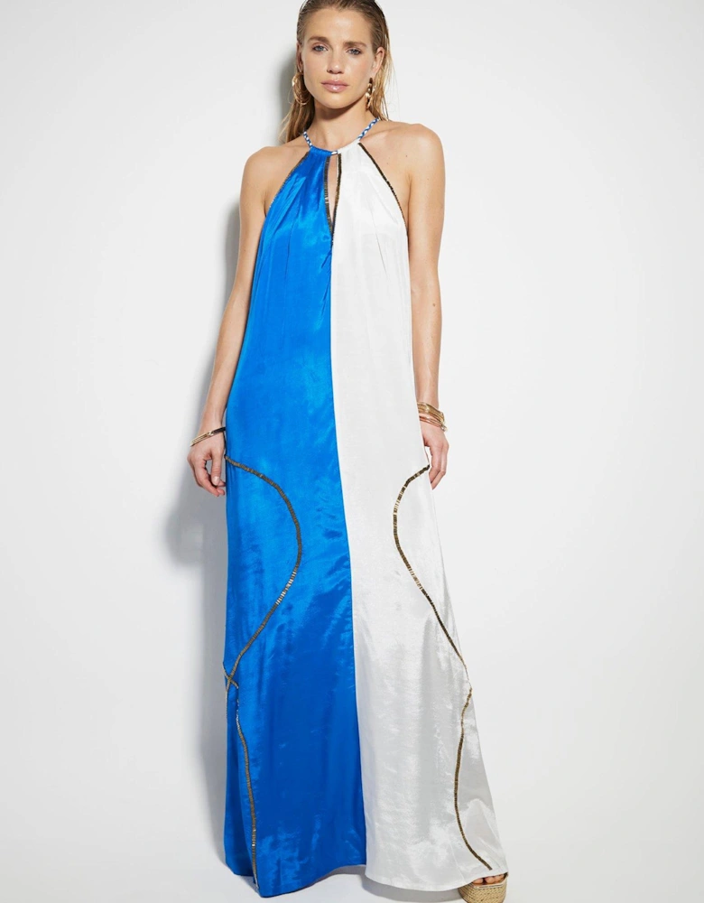 Colour Block Halterneck Maxi Dress - Blue