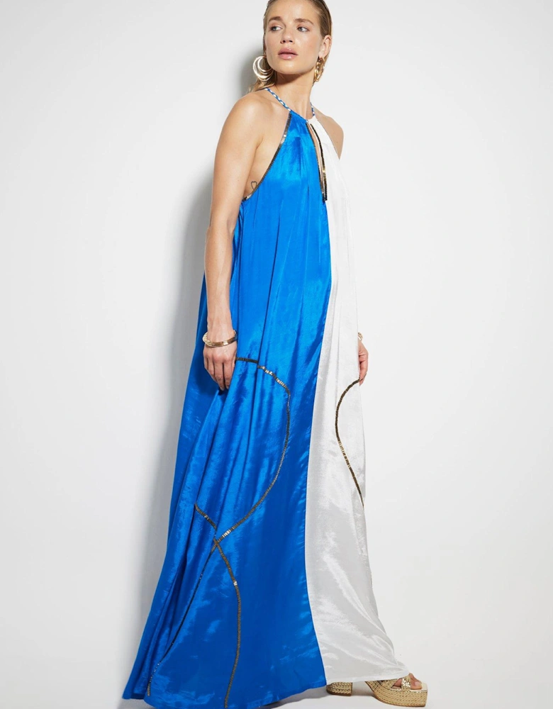 Colour Block Halterneck Maxi Dress - Blue