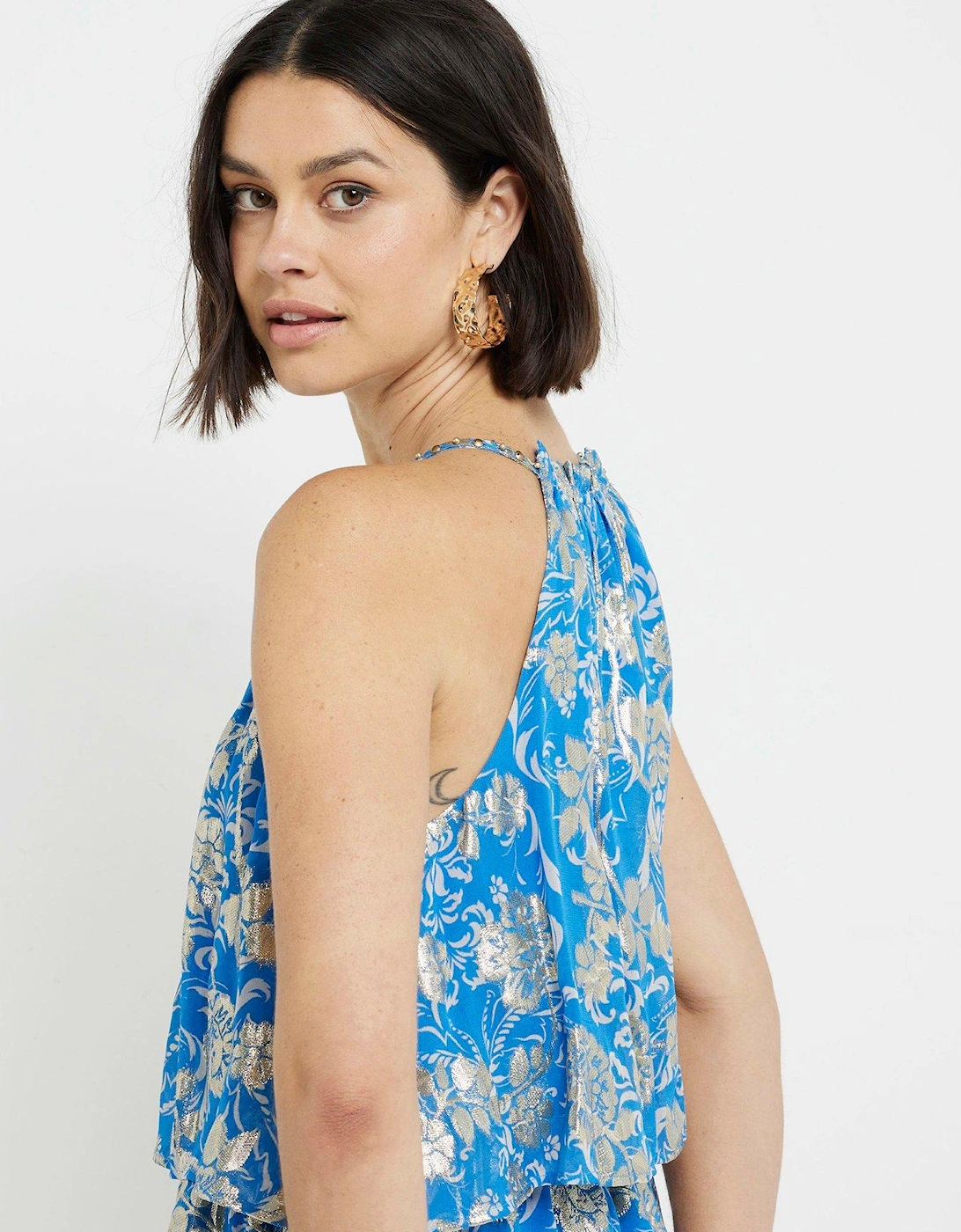 Glitter Floral Detail Layered Halterneck Playsuit - Blue