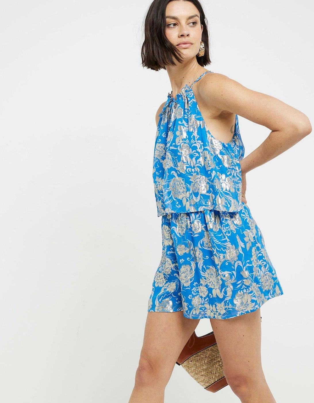 Glitter Floral Detail Layered Halterneck Playsuit - Blue