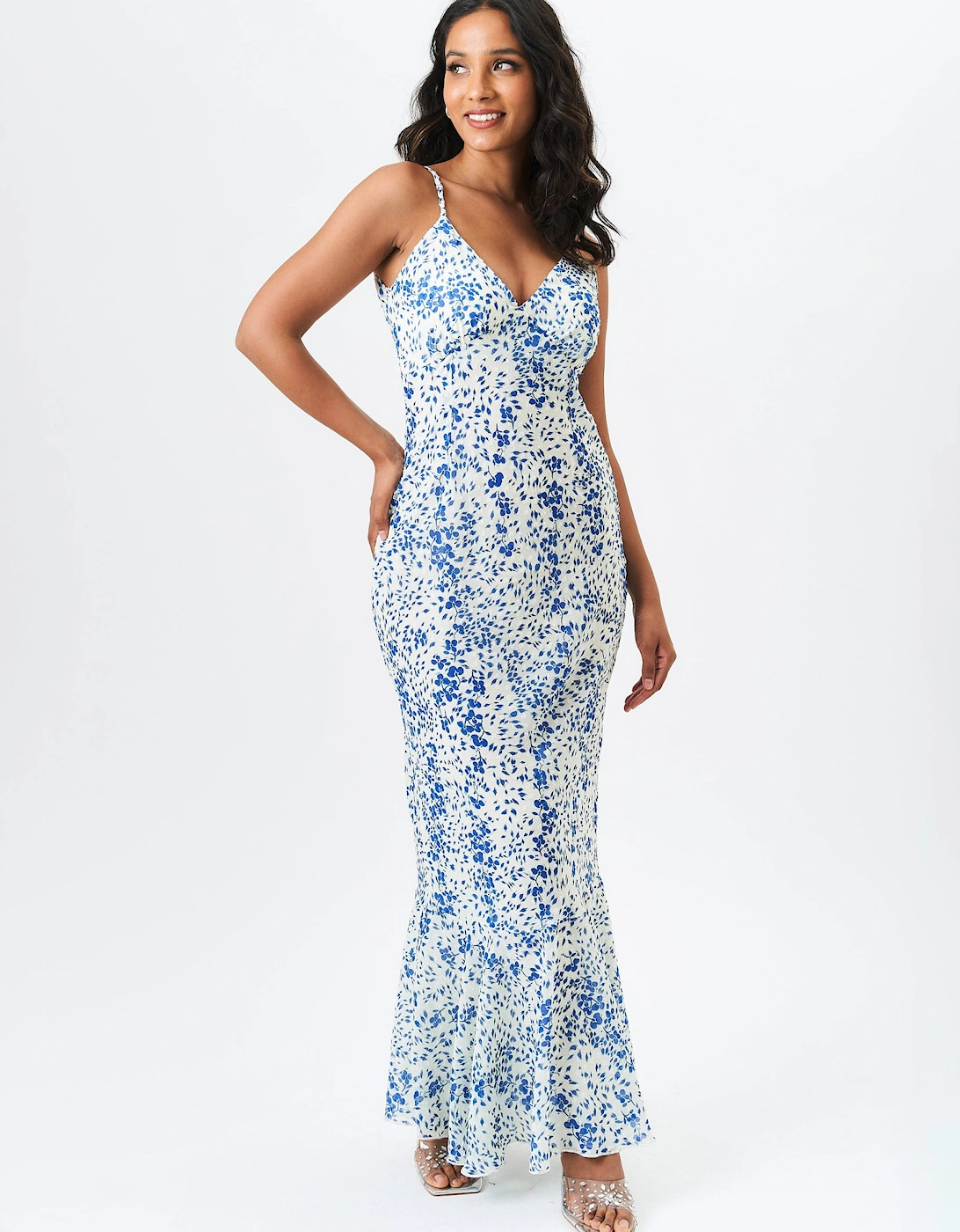 Gini London Women's Blue Ivory Dobby Floral Chiffon Strappy Maxi Dress - Size: 14