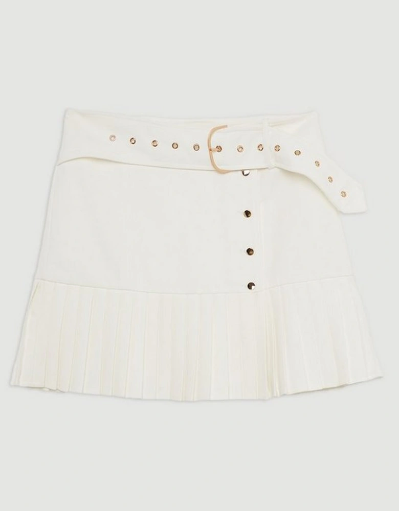 Twill Woven Belt Detail Pleated Mini Skirt