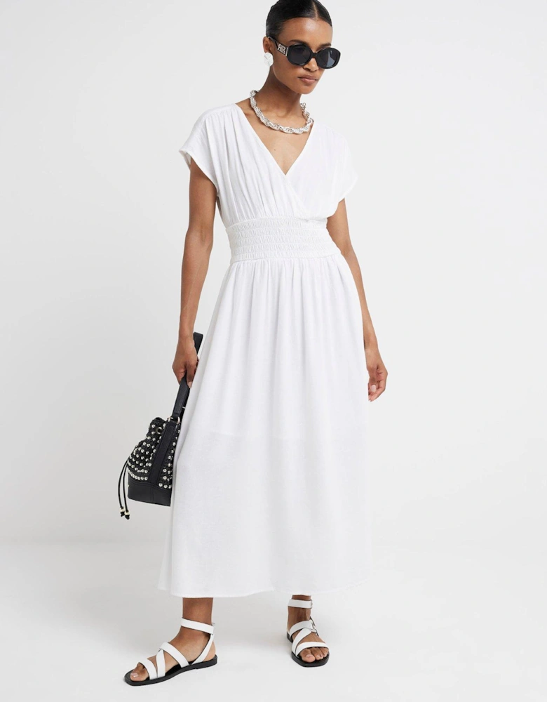 Shirred Wrap Linen Dress - White