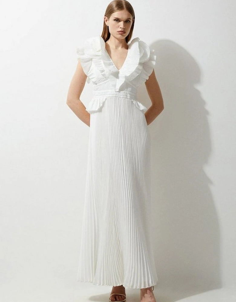 Drama Pleat Ruffle Rosette Woven Maxi Dress