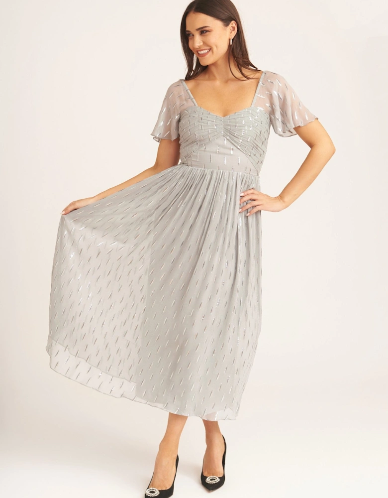 Silver Jacquard Metallic Angel Sleeves Midi Dress