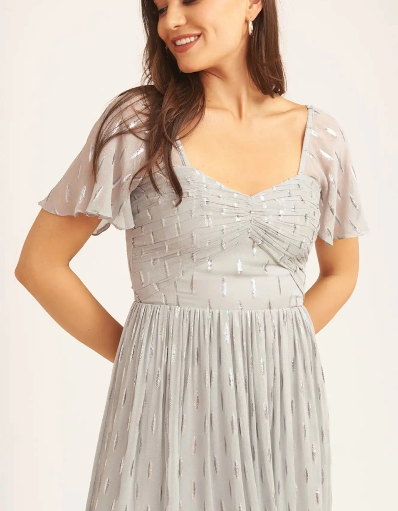 Silver Jacquard Metallic Angel Sleeves Midi Dress