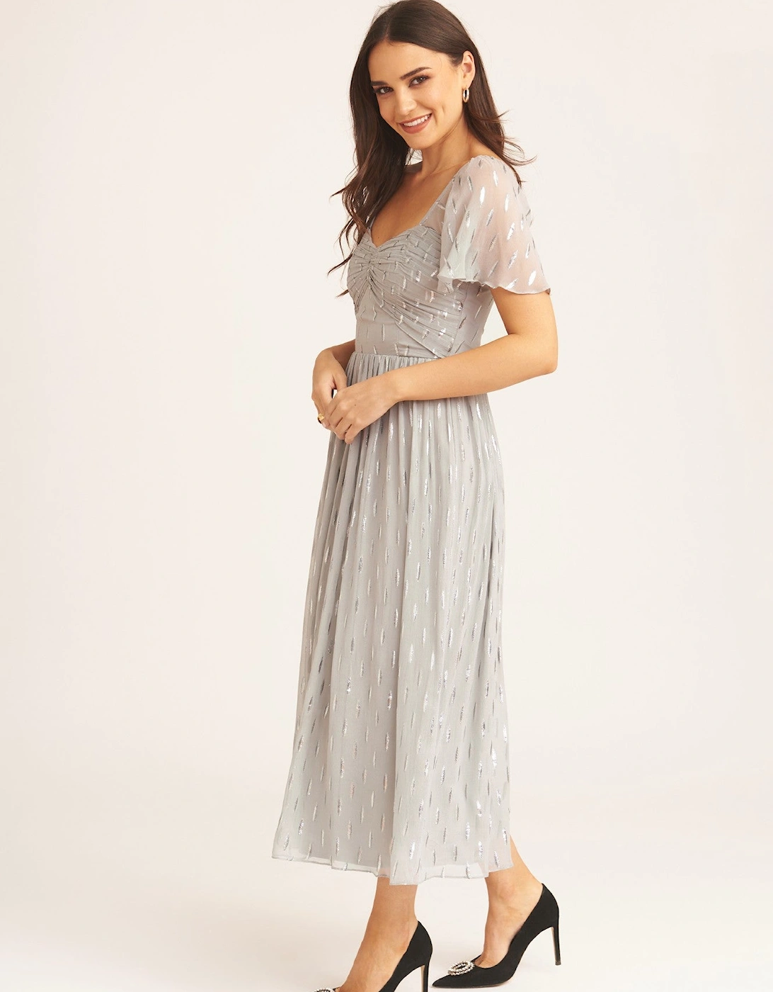 Silver Jacquard Metallic Angel Sleeves Midi Dress