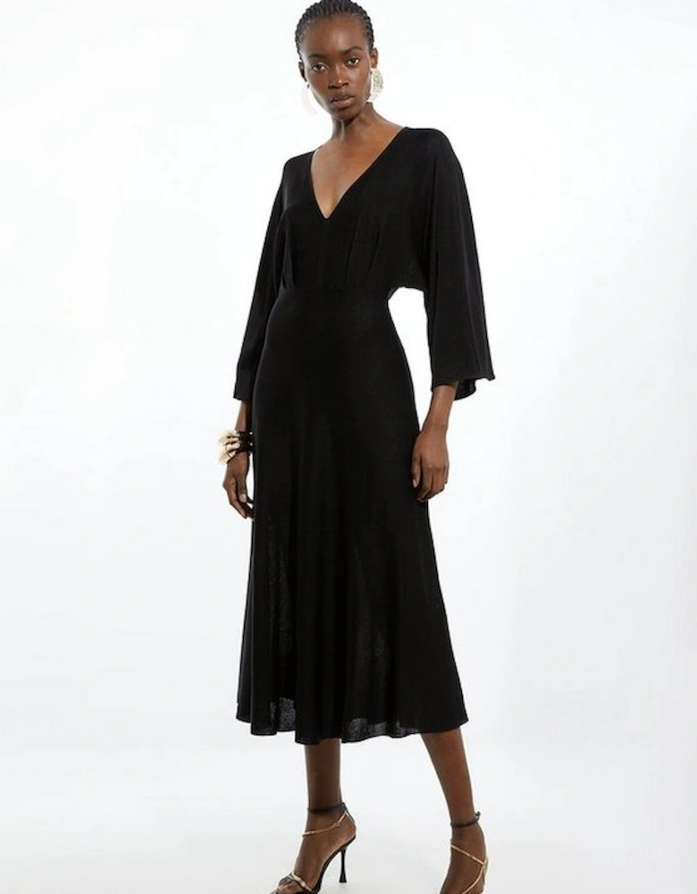 Viscose Blend Slinky Kimono Sleeve Knit Midi Dress