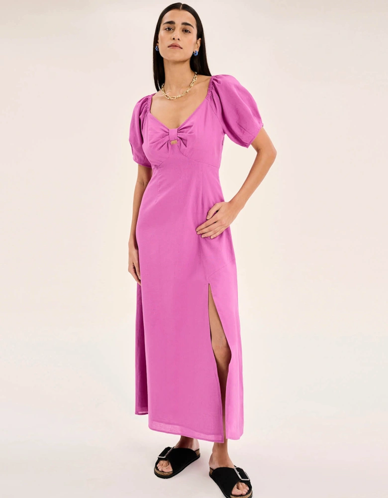 London Linen Bow Detail Midi Dress in Magenta