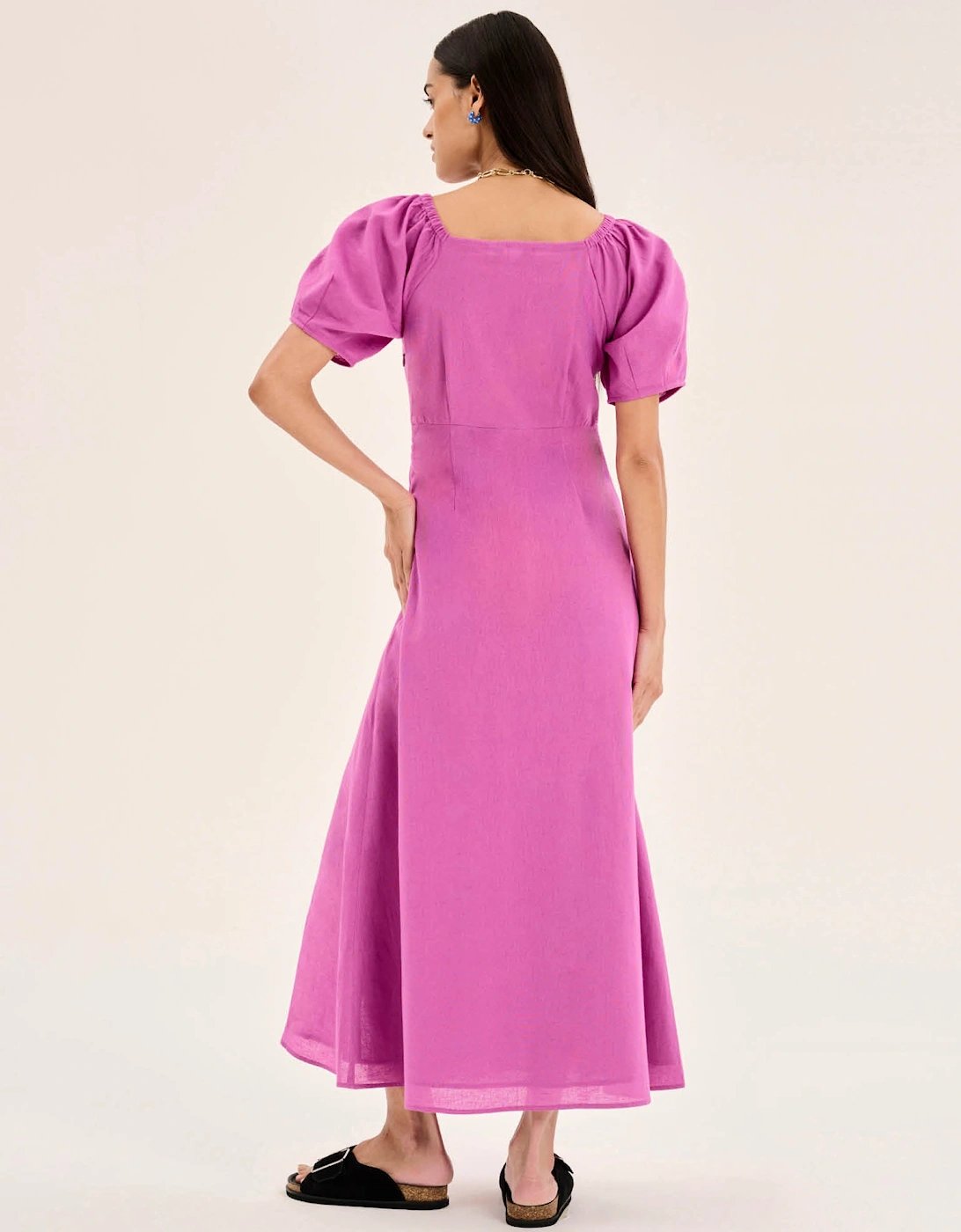 London Linen Bow Detail Midi Dress in Magenta