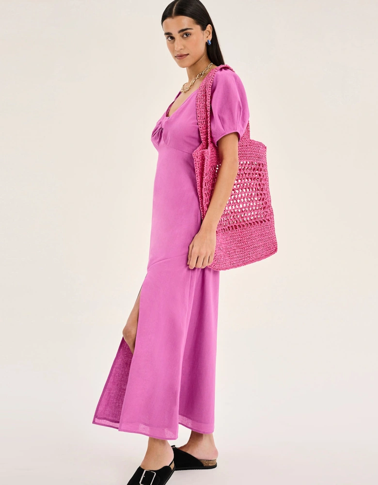 London Linen Bow Detail Midi Dress in Magenta