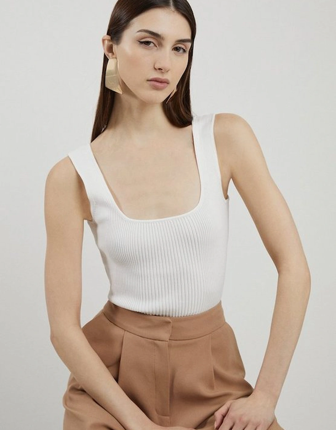 Viscose Blend Rib Knit Square Neck Vest