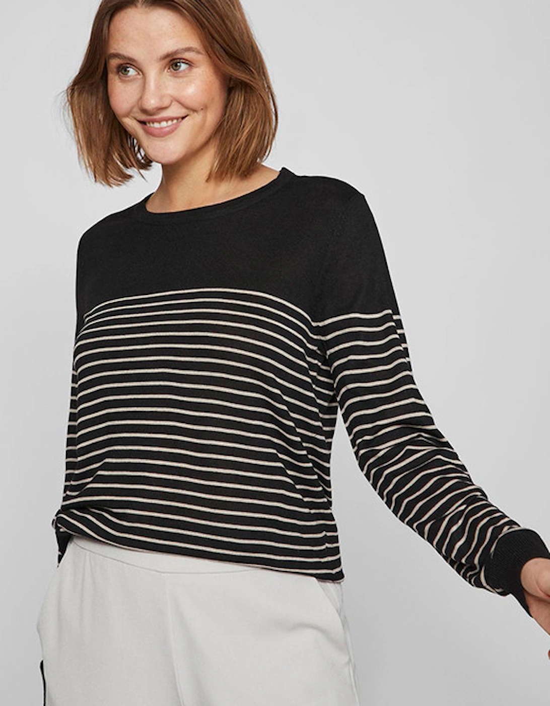 Viabella Open O-Neck Long Sleeve Knit Top Black Natural