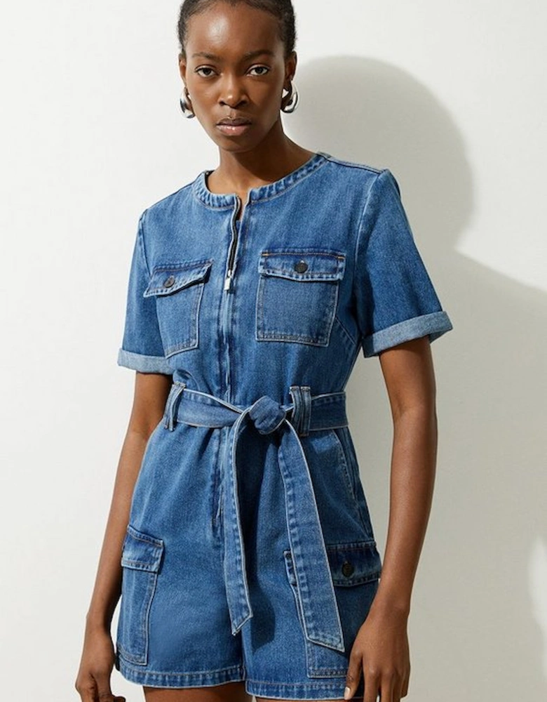 Denim Cargo Pocket Belted Playsuit