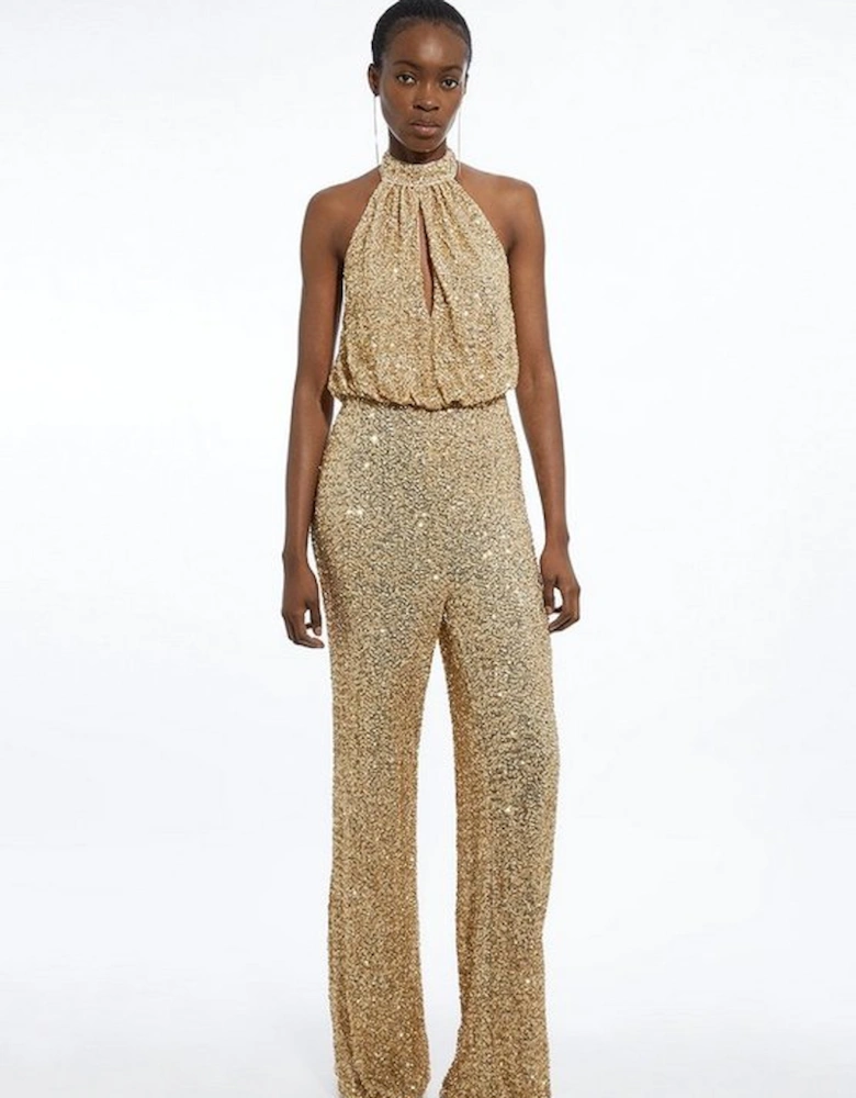 Tall Halter Jersey Stretch Sequin Wide Leg Jumpsuit