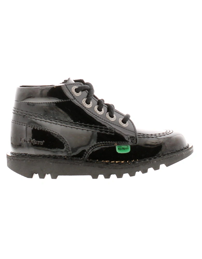 Younger Girls Ankle Boots Hi Zip Leather Lace and Zip black patent UK Si