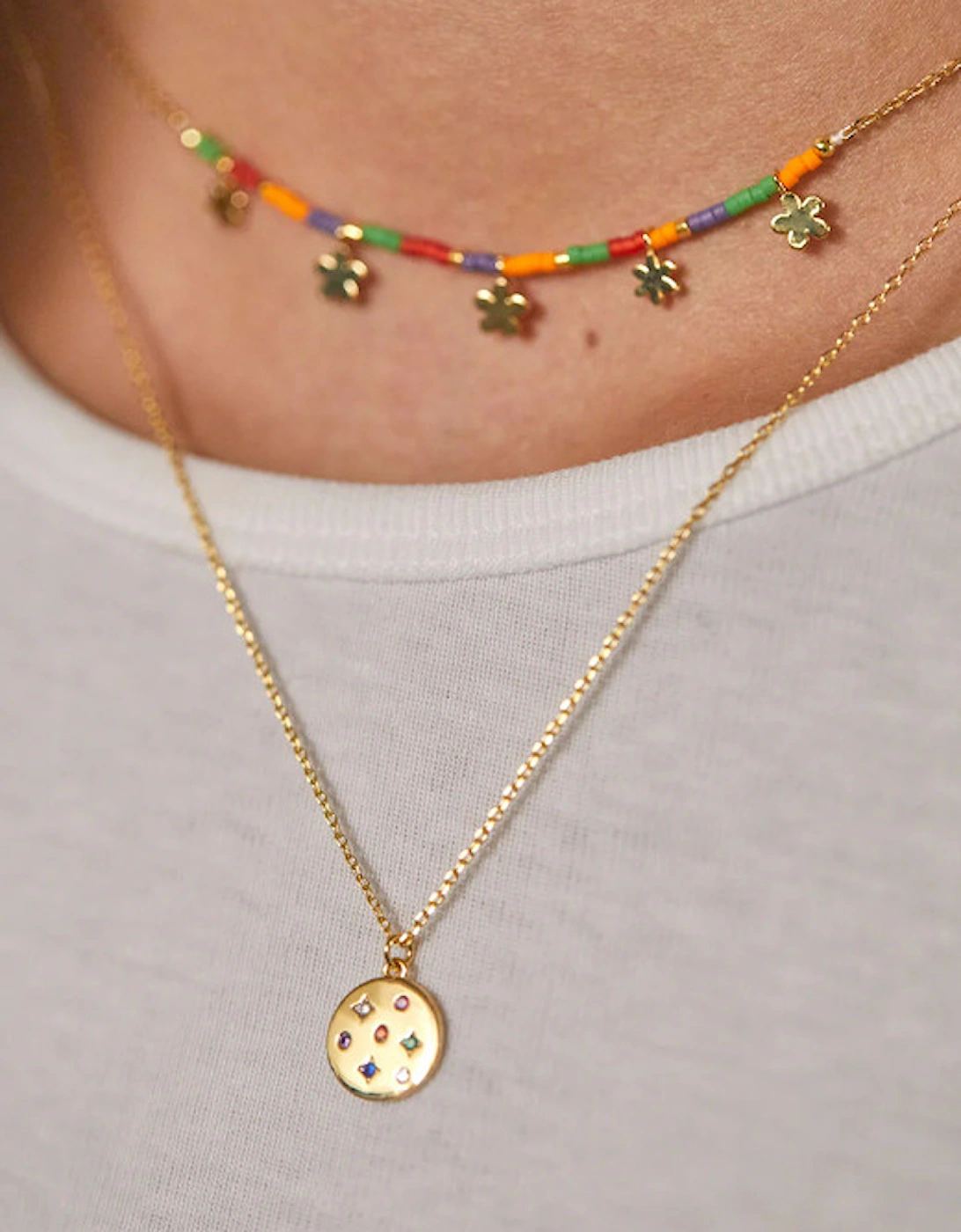 Rainbow CZ Coin Necklace Gold Plated Multi