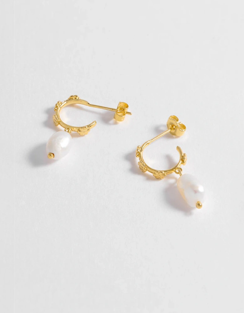 Flower Pearl Drop Hoops Gold Plated with Pearl